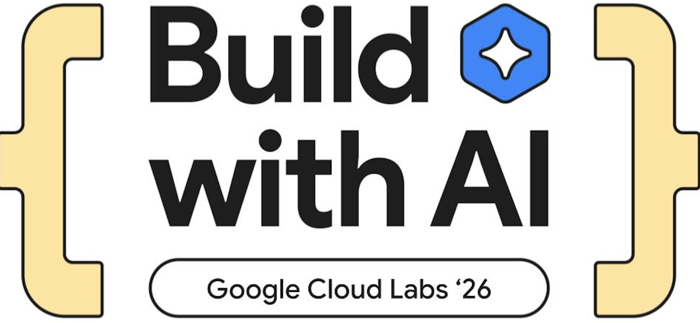 (Banner) A promotional graphic featuring the bold, black text "Build with AI" framed by large, pale yellow stylized curly braces, with a smaller caption reading "Google Cloud Labs '26" below. Text: Build with AI Google Cloud Labs '26 modern, bold, programmatic | Colors: #000000, #FFFFFF, #F5E5B9, #337AF3 Note: This image is a digitally created graphic designed to serve as a headline or promotional title card for a program related to AI development, fitting the definition of a banner.