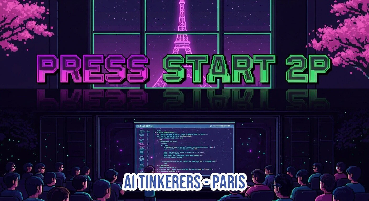 (Illustration) A pixel art illustration depicting a dark auditorium where a large audience is watching a presentation screen displaying code, framed by neon text that reads 'PRESS START 2P' and a view of the Eiffel Tower through a window. Text: PRESS START 2P AI TINKERERS-PARIS Flat, 2D, retro-gaming aesthetic | Colors: #1a0033, #ff00ff, #00ff00 Note: The image is a digital drawing created using a distinct pixel art style, characterized by low resolution and a synthwave/retro gaming aesthetic.