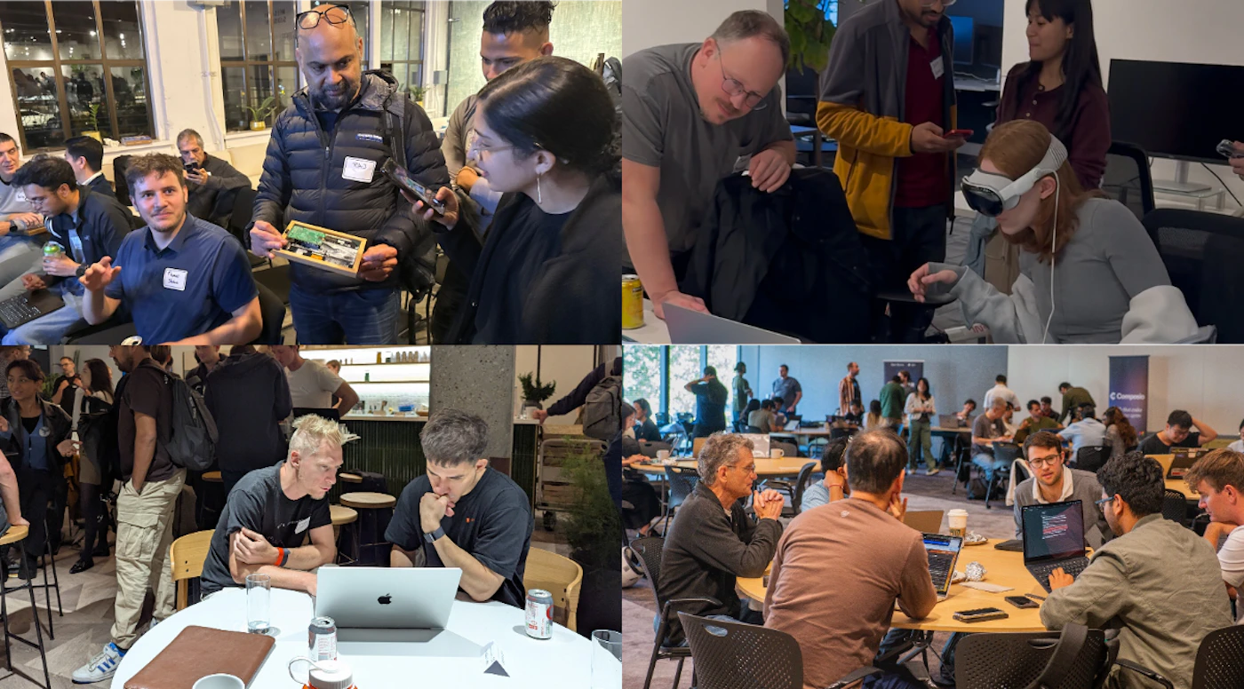 (Photo) A four-panel photo collage capturing various groups of people interacting and working in indoor settings, likely at a technology-focused event, hackathon, or professional meetup. People attending a technology or business event (e.g., hackathon, meetup), engaging in discussions and working on laptops/devices. | Indoor, modern office or event spaces, featuring large windows and contemporary furniture. | The image is a grid of four separate scenes. Features include a man holding a circuit board, a woman wearing a VR headset, and multiple people using MacBooks and other laptops. | Candid, documentary, event photography, presented in a composite grid format. | Colors: #333333, #A0A0A0, #8B4513, #EAEAEA Note: The image is a composite of four distinct, candid photographs documenting human subjects and their interactions within an event setting.