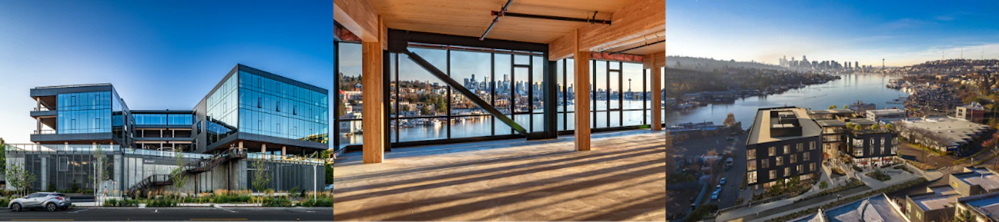 (Photo) This panoramic image is a composite of three architectural photographs, showcasing modern commercial real estate and urban development in a waterfront setting, likely Seattle. Architecture, urban landscape, commercial real estate development | Urban environment (street level, interior office, aerial view), waterfront location | Composite panoramic format; modern glass and steel building; exposed mass timber interior structure; distant city skyline (including the Space Needle) | Architectural photography, wide-angle, clear lighting (daytime/golden hour) | Colors: #004488, #A07F5C, #333333, #FFFFFF Note: The image is composed of three distinct, high-quality photographs focusing on architectural subjects, including building exteriors, interiors, and an urban landscape view.