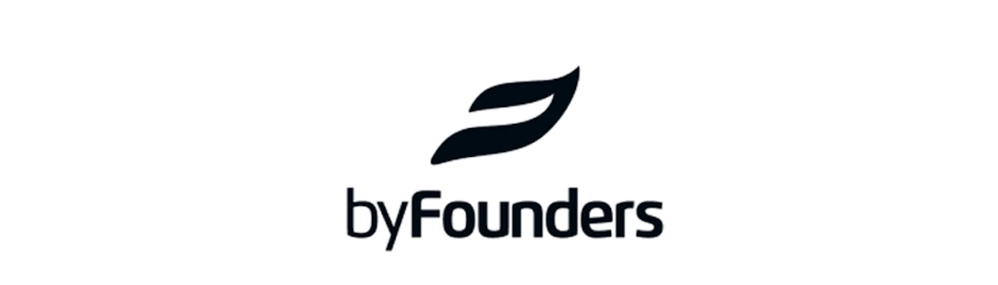 (Logo) The image shows the logo for 'byFounders,' featuring a stylized, dark gray leaf or flame symbol positioned above the company name in a modern, sans-serif typeface. Text: byFounders Colors: #1a1a1a, #ffffff Note: This image is a brand identifier consisting of a graphic mark (logomark) and the company name (logotype), designed for corporate recognition.