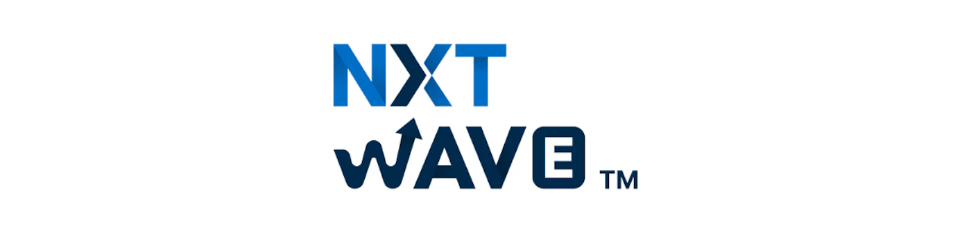 (Logo) A logo featuring the text 'NXT' in bright blue above 'WAVE' in dark blue, with the 'W' stylized as a wavy line that forms an upward-pointing arrow. Text: NXT WAVE™ Colors: #1373c8, #152a41, #ffffff Note: The image is a stylized combination of text and graphic elements designed specifically to represent a brand identity, fitting the criteria for a logo.