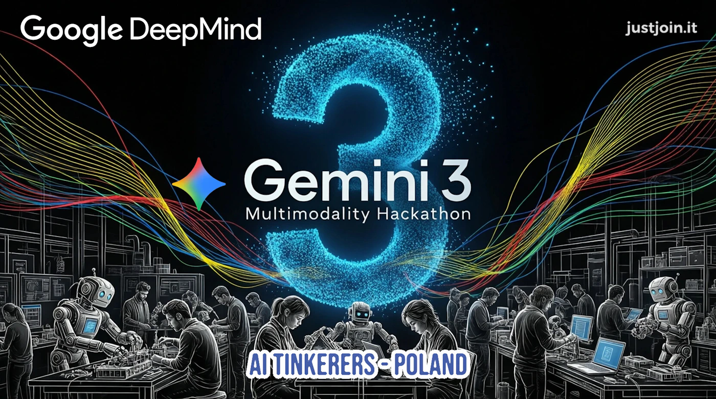 (Banner) A promotional banner for the 'Gemini 3 Multimodality Hackathon' by Google DeepMind and AI Tinkerers Poland, featuring a large glowing blue '3' above a line-art scene of people and robots working in a lab. Text: Google DeepMind justjoin.it 3 Gemini 3 Multimodality Hackathon AI TINKERERS - POLAND Modern, tech-oriented, digital illustration. | Colors: #000000, #00d8ff, #ffffff, #4285f4 Note: The image is designed as a promotional graphic for an event, combining logos, event titles, and stylized digital illustrations to convey a specific message and brand identity.