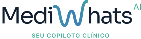 (Logo) Logo for 'MediWhats AI' with the Portuguese tagline 'SEU COPILOTO CLÍNICO' on a white background. Text: MediWhats AI SEU COPILOTO CLÍNICO Colors: #111E2E, #428FBE, #4CA699 Note: The image displays a stylized brand name and tagline representing a corporate identity.