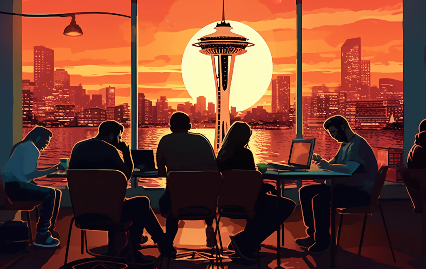 (Illustration) People are sitting at a table, likely working or studying, with laptops and coffee, in front of a large window showcasing a cityscape at sunset with the Space Needle prominent. flat, silhouette | Colors: #FF6600, #000000, #333333 Note: The image is a stylized depiction of a scene, with simplified shapes and colors, rather than a realistic photograph. This suggests it's an illustration.
