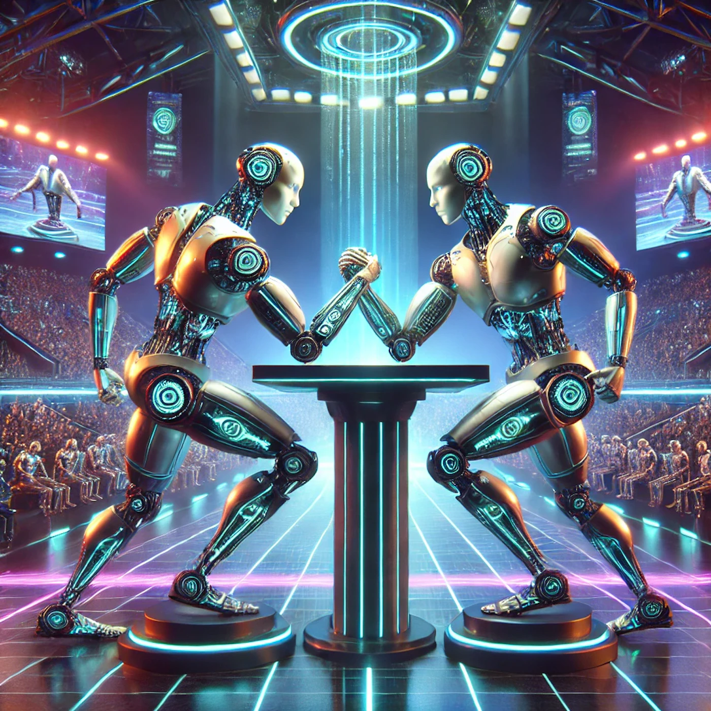 (Illustration) Two robots are arm wrestling in a futuristic arena, with an audience of other robots watching. 3D Note: The image is a digitally created artwork depicting a futuristic scene, thus categorizing it as an illustration.