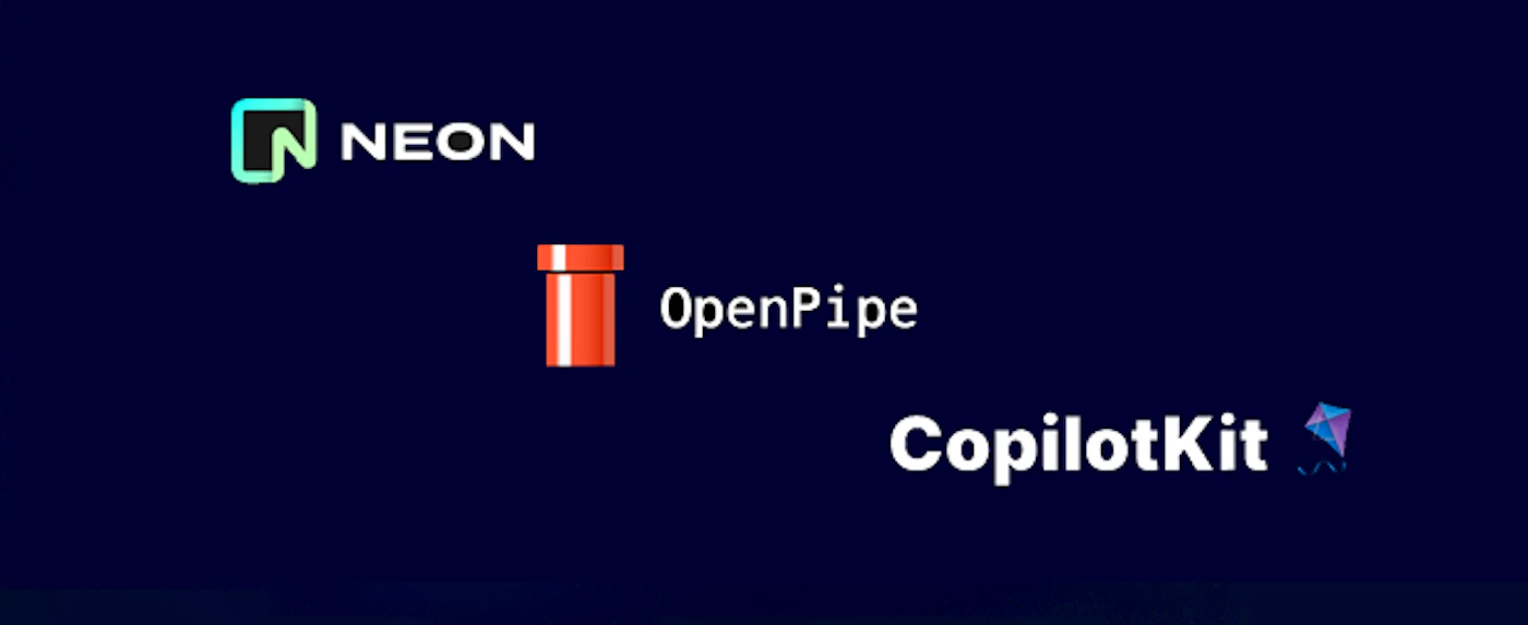 (Logo) The image showcases three distinct brand logos arranged on a dark blue background. Each logo combines a unique graphic icon with a corresponding wordmark. Text: NEON OpenPipe CopilotKit Colors: #00FF80, #00FFFF, #FF4500, #FFFFFF, #8A2BE2 Note: The image features multiple graphic elements, each consisting of a stylized icon paired with a brand name, which are characteristic of company or product logos. They are designed to represent specific brands.