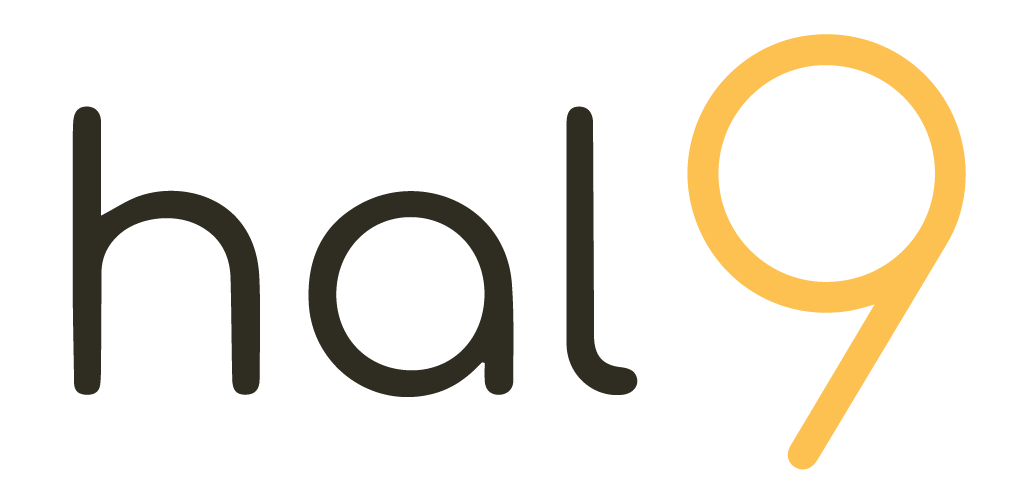 (Logo) The image displays a stylized wordmark 'hal9' with 'hal' in dark grey and '9' in orange, set against a black background. Text: hal9 Colors: #474747, #f7b447 Note: The image consists of stylized text forming a brand name or identifier, typical of a logo design intended for recognition.