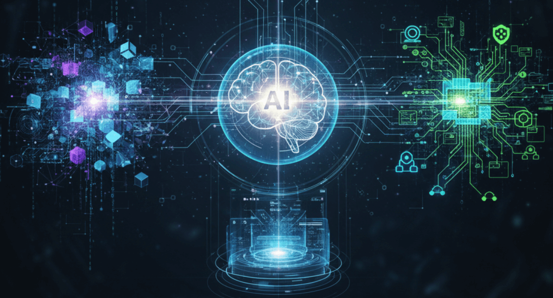 The image is a futuristic digital illustration depicting concepts related to artificial intelligence and data. It features a glowing brain with 'AI' text at its core, surrounded by digital circuits, an explosion of data cubes, and various technological icons.