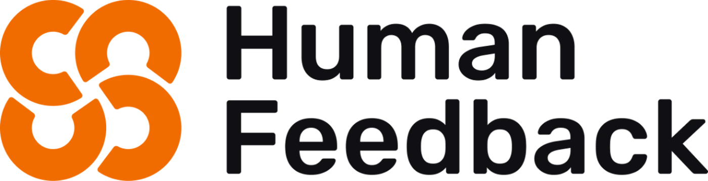 (Logo) A corporate logo featuring an abstract orange graphic composed of four interlocking segments positioned to the left of the brand name, 'Human Feedback', which is stacked in two lines of dark text. Text: Human Feedback Colors: #ff8c00, #000000 Note: The image is designed to represent a brand identity, consisting of a distinct graphic mark paired with stylized typography of the company name, fitting the definition of a logo.
