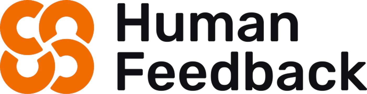 (Logo) The image displays a logo featuring a graphic symbol on the left and text on the right, all set against a black background. The graphic consists of four interlocking orange C-shaped or S-shaped elements, while the text reads 'Human Feedback' in two lines. Text: Human Feedback Colors: #ff8c00, #333333 Note: This image is categorized as a logo because it combines a distinctive graphic symbol with a brand name, designed for immediate brand recognition and identity. It is a concise visual representation intended to represent a company or product.