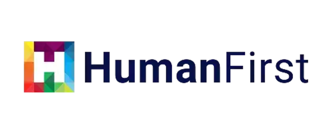 (Logo) A logo featuring a square graphic composed of colorful geometric shapes with a white letter 'H' in the center, positioned to the left of the dark blue text 'HumanFirst', all set against a black background. Text: HumanFirst Colors: #000000, #000055, #FFFFFF, #800080, #008000, #FF0000, #FFFF00 Note: The image clearly functions as a brand identifier, combining a unique graphic symbol with a company name, which is the primary characteristic of a logo.