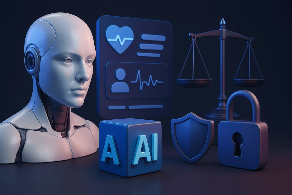 The image shows a digital illustration representing AI in healthcare and law. It features a robot head, a cube with "AI" on it, a health data interface, scales of justice, a shield, and a padlock.