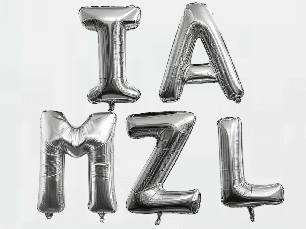 Four silver letter-shaped balloons spell out the letters I, A, M, and ZL against a plain off-white background.. Text: IA MZL