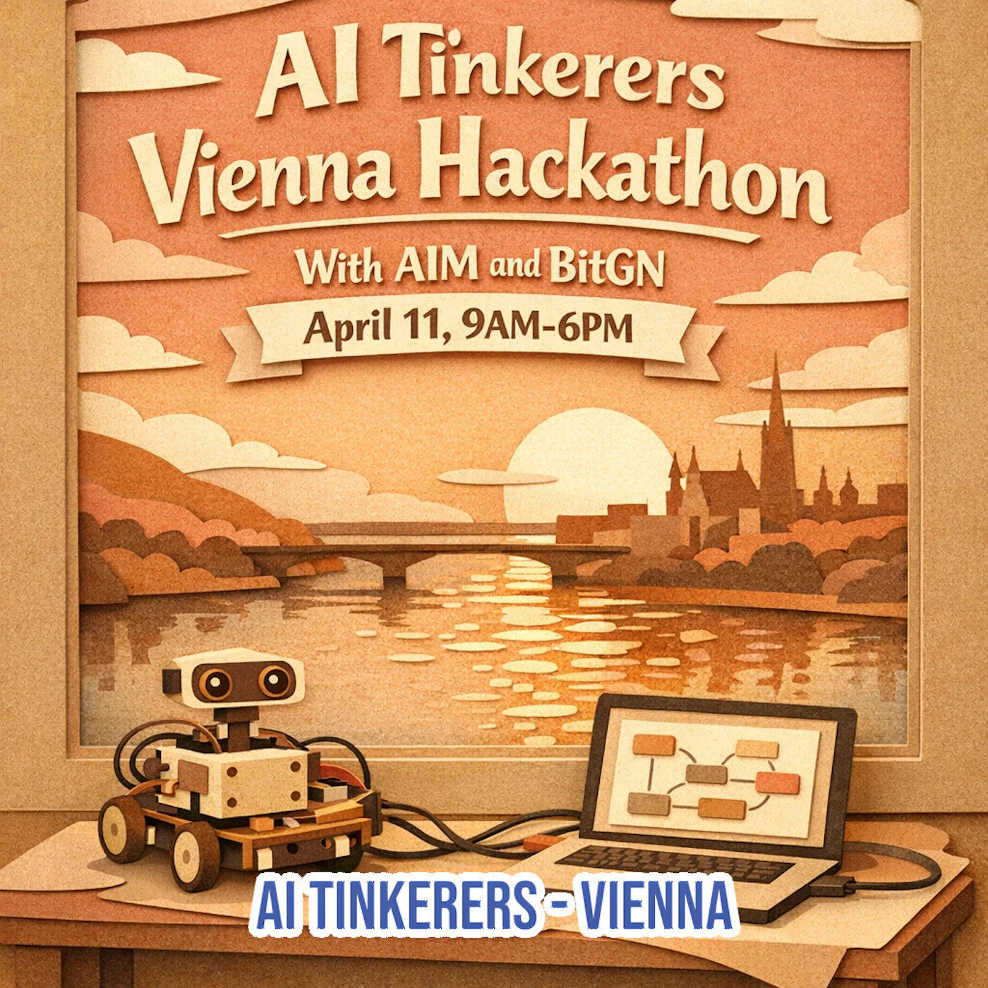 (Banner) A promotional poster for the AI Tinkerers Vienna Hackathon featuring a stylized paper-cut illustration of a Vienna cityscape with a small robot and a laptop in the foreground. Text: AI Tinkerers Vienna Hackathon With AIM and BitGN April 11, 9AM-6PM AI TINKERERS - VIENNA Modern paper-cut/diorama illustration style with warm, earthy tones. | Colors: #E6B085, #8B4513, #FFF8DC, #4169E1 Note: The image is a promotional graphic designed for an event advertisement, featuring clear headlines, event details, and a stylized background layout typical of a banner or poster.