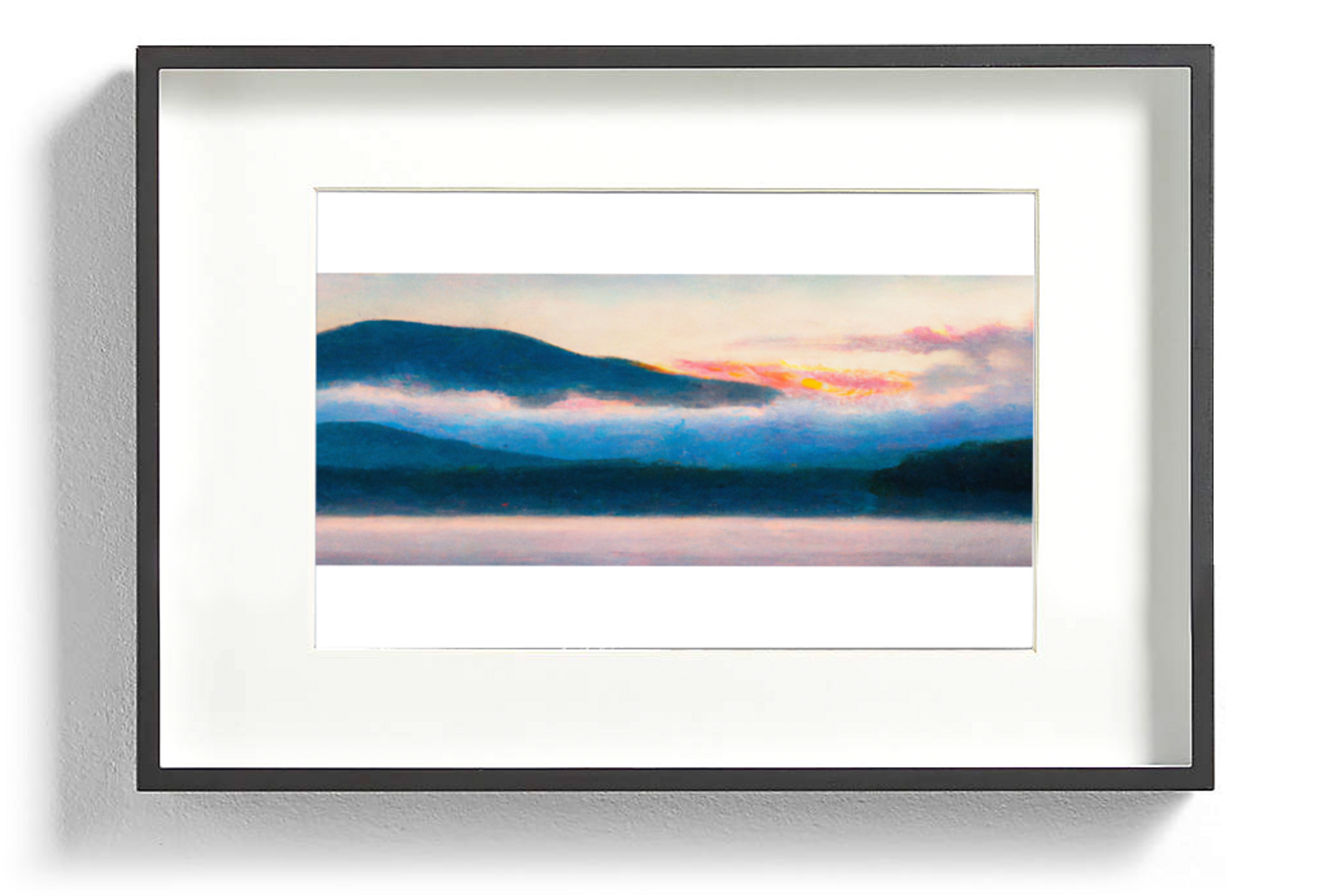 (Illustration) A framed print or painting depicts a misty landscape at sunrise or sunset.  Dark hills or mountains are visible behind layers of fog over a body of water. 2D | Colors: #FFA07A, #191970, #ADD8E6 Note: The image appears to be an artistic rendering of a landscape, likely a painting or a print of one, suggesting it's an illustration rather than a photo. The stylized depiction of light and fog reinforces this categorization.