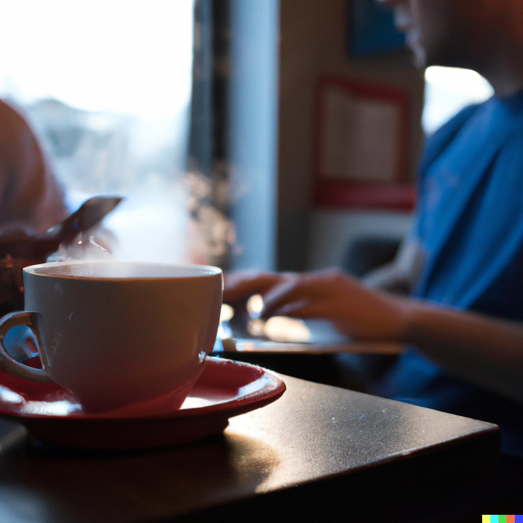 uploads/joeh/1658105490/DALL·E 2022-07-17 17.54.16 - two people on laptops in a cafe cropped to a steaming cup of coffee, somewhere in Seattle, warm lighting, Canon EOS.png