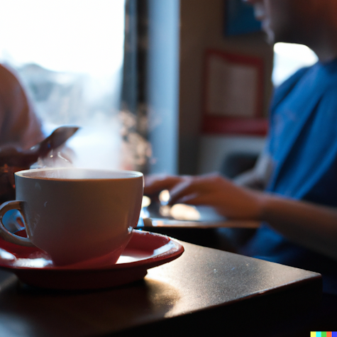 A steaming cup of coffee sits on a red saucer on a table, with a blurred person in the background using a laptop or tablet.