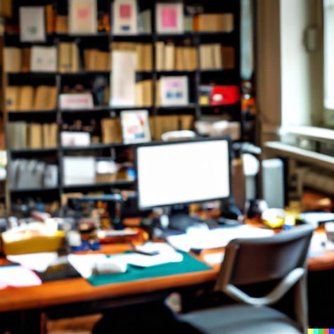 A blurred photo of a home office or study, featuring a desk, computer, chair, and a bookshelf filled with books and other items.