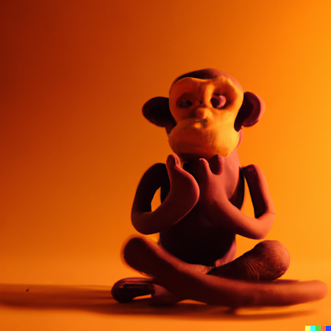 A small clay monkey figurine sits with its hands clasped together in a contemplative pose against a vibrant orange background.