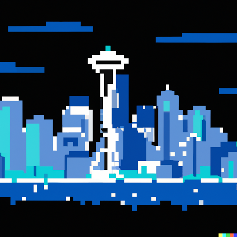 A pixel art illustration of the Seattle skyline at night, featuring the Space Needle prominently.