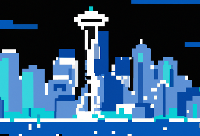 A pixel art illustration of the Seattle skyline at night, featuring the Space Needle prominently.