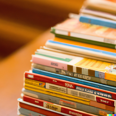 A stack of colorful children's books sits on a wooden surface.