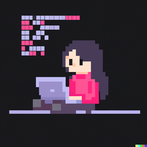 A pixel art illustration of a person with long dark hair wearing a pink sweater, sitting at a desk and working on a laptop. There are pixelated blocks, possibly representing code, in the upper left corner.