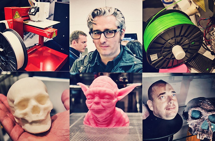 A collage of images related to 3D printing, featuring a 3D printer, filament, and various printed objects like a skull and a Yoda bust.
