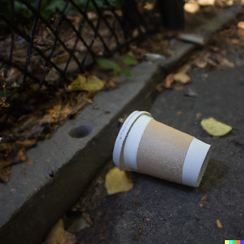 A discarded paper coffee cup lies on the ground near a curb and a chain-link fence.