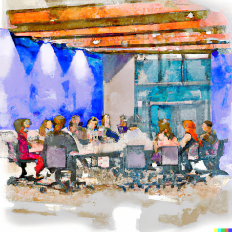 An illustration depicting a group of people sitting at a long table, possibly in a restaurant or bar setting.