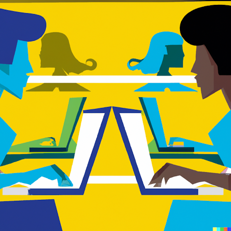An illustration of four people working on laptops, seemingly collaborating across a table.