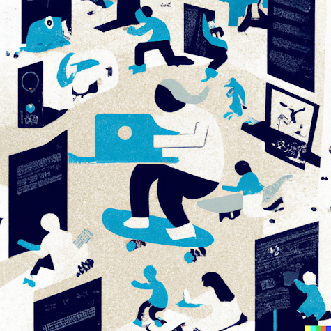 An illustration depicts numerous figures engaging with technology, such as laptops and computers, in a dynamic and interconnected scene.
