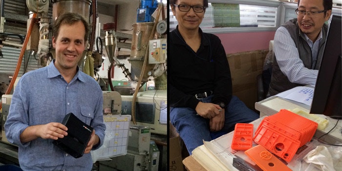 A two-part image showing a man holding a small black box in a factory setting, and two men at a desk with a stack of orange plastic cases.