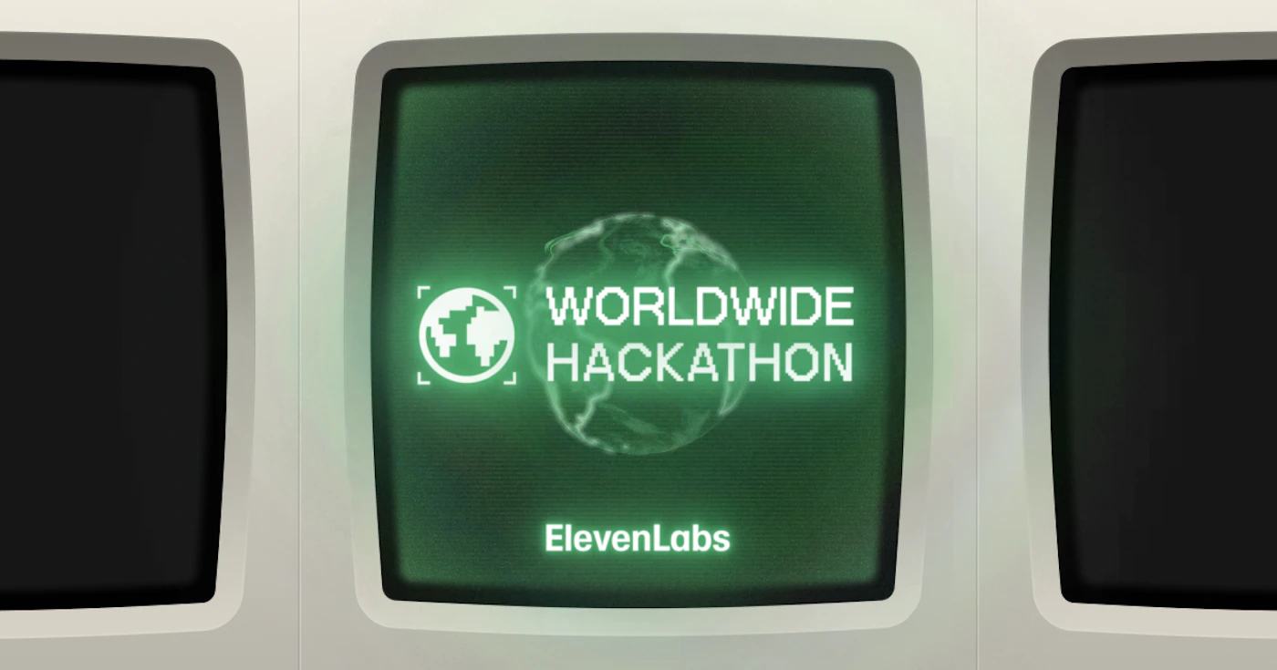 (Banner) A digital banner featuring three retro-style CRT monitors, where the central screen displays promotional text for a hackathon in glowing green on a dark background. Text: WORLDWIDE HACKATHON ElevenLabs Retro-tech, utilizing a glowing green monochrome palette reminiscent of old computer terminals. | Colors: #DCDCDC, #004D00, #44FF44 Note: The image is a structured graphic designed to promote an event (a hackathon) and display associated branding (ElevenLabs), fitting the definition of a promotional banner.
