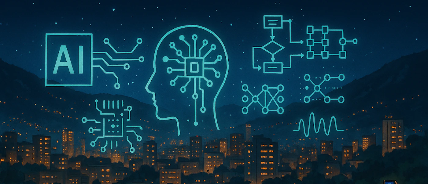(Illustration) The image is a digital illustration depicting a futuristic cityscape at night, overlaid with various glowing blue line-art icons representing artificial intelligence and technology concepts. It features a human head profile with circuitry, flowcharts, neural networks, and the text 'AI'. Text: AI flat, glowing line-art over a stylized background | Colors: #1B263B, #00FFFF, #FFBF00 Note: This image is clearly a digitally created artwork that combines a stylized background with conceptual graphic elements, fitting the definition of an illustration rather than a photo, logo, or banner.