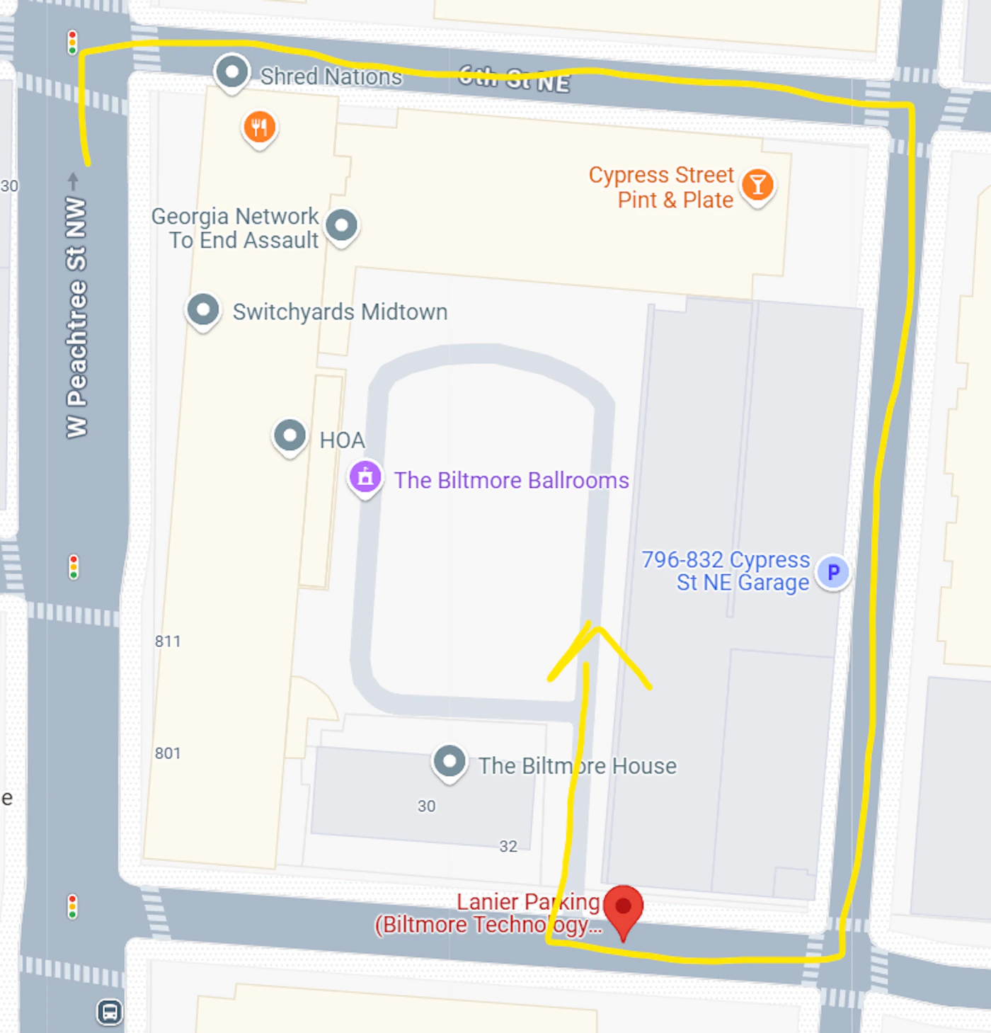 (Photo) A map showing a route highlighted in yellow from W Peachtree St NW to Lanier Parking (Biltmore Technology...). Text: 30 W Peachtree St NW Shred Nations Gth St NE Georgia Network To End Assault Switchyards Midtown Cypress Street Pint & Plate HOA The Biltmore Ballrooms 811 796-832 Cypress St NE Garage P 801 The Biltmore House 30 32 Lanier Parking (Biltmore Techno'ogy... map | outdoor | highlighted route | map view Note: The image is a real-world photo of a map section, showing streets, buildings, and a highlighted route.