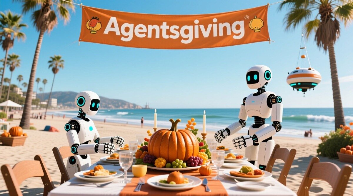 Two white humanoid robots are depicted sitting at a formal Thanksgiving-style dinner table set up on a sunny beach, beneath an orange banner reading "Agentsgiving." The table is adorned with a large pumpkin centerpiece, and the tropical setting includes palm trees, the ocean, and distant buildings.