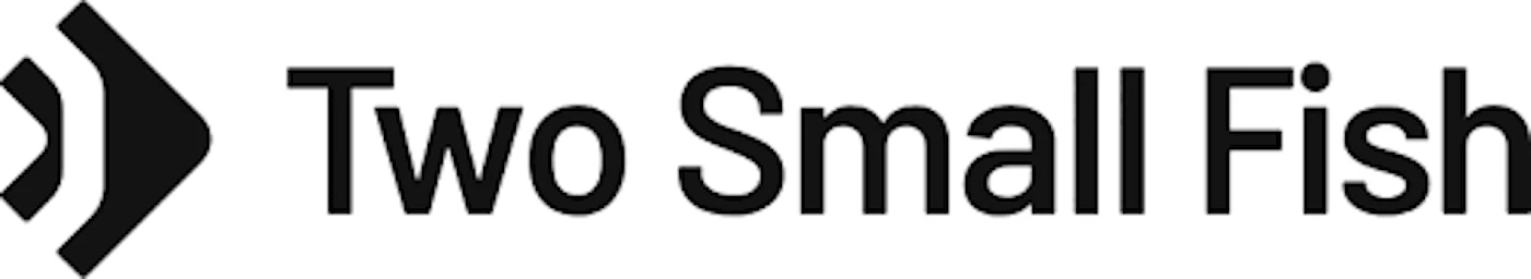 (Logo) A black and white logo featuring an abstract, angular graphic element positioned to the left of the bold, sans-serif text 'Two Small Fish'. Text: Two Small Fish Colors: #000000, #FFFFFF Note: The image is a professional graphic mark combining a unique visual symbol with a company name, designed specifically for brand identity.