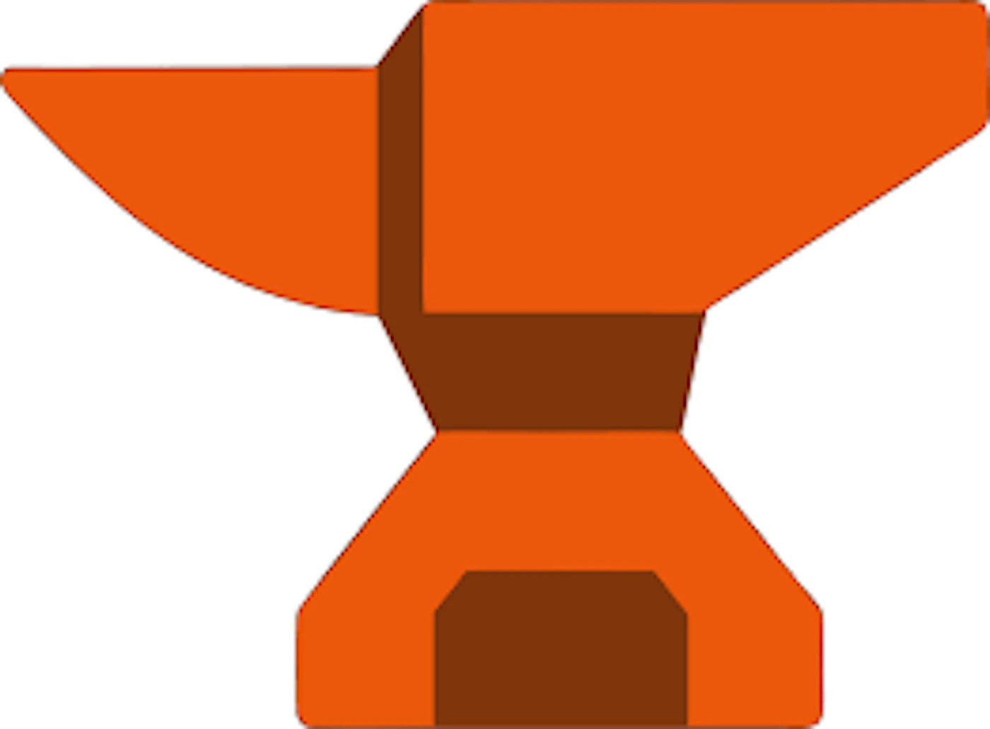 (Illustration) A stylized, flat design illustration of an orange anvil with subtle shading, set against a plain white background. Flat, 2D | Colors: #e6642d, #8c3d1a, #ffffff Note: The image is a graphic representation of an object, not a photograph, text, or logo in a brand context. Its simplified shapes, distinct color palette, and lack of photographic detail categorize it as an illustration.
