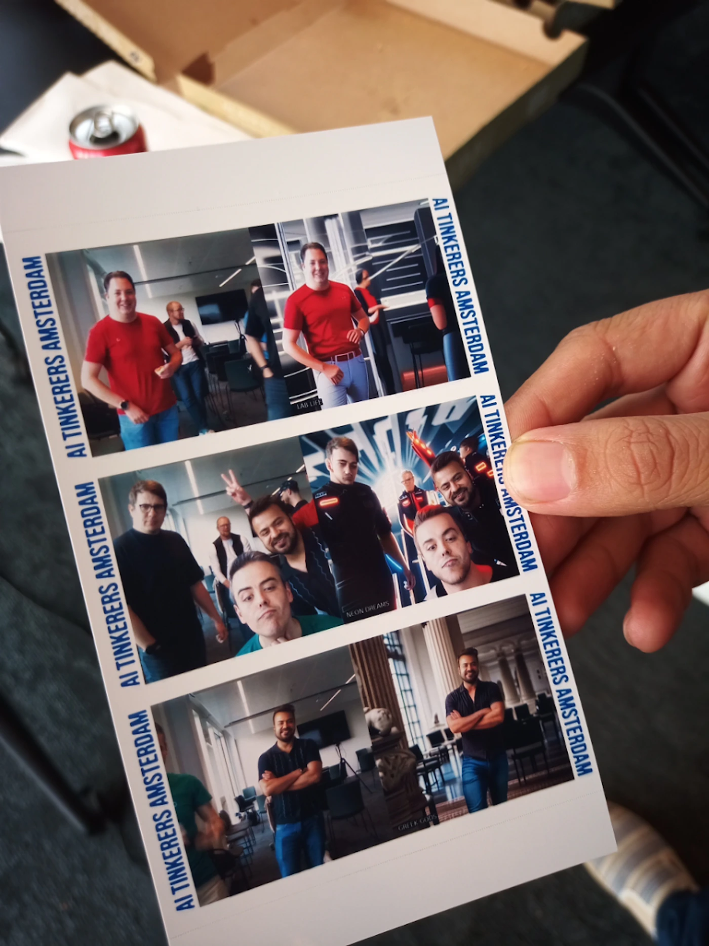 (Photo) A hand holds a photo strip with four photos of people taken at AI Tinkerers Amsterdam. Text: AI TINKERERS AMSTERDAM AI TINKERERS AMSTERDAM AI TINKERERS AMSTERDAM AI TINKERERS AMSTERDAM AI TINKEREN AMSTERDAM AI TINKERERS AMSTERDAM people | indoor | photo strip, multiple people | candid Note: The image is a photograph of a photo strip, capturing moments of people at a specific location.  It's not a logo, banner, illustration, or handwriting.