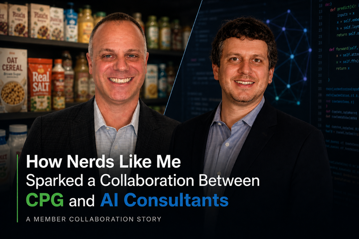 A promotional banner featuring two men representing a collaboration between the CPG (Consumer Packaged Goods) and AI industries, with a prominent headline.. Text: How Nerds Like Me Sparked a Collaboration Between CPG and AI Consultants A MEMBER COLLABORATION STORY OAT CEREAL Real SALT def predict(x): [unreadable] def forward(self, [unreadable]