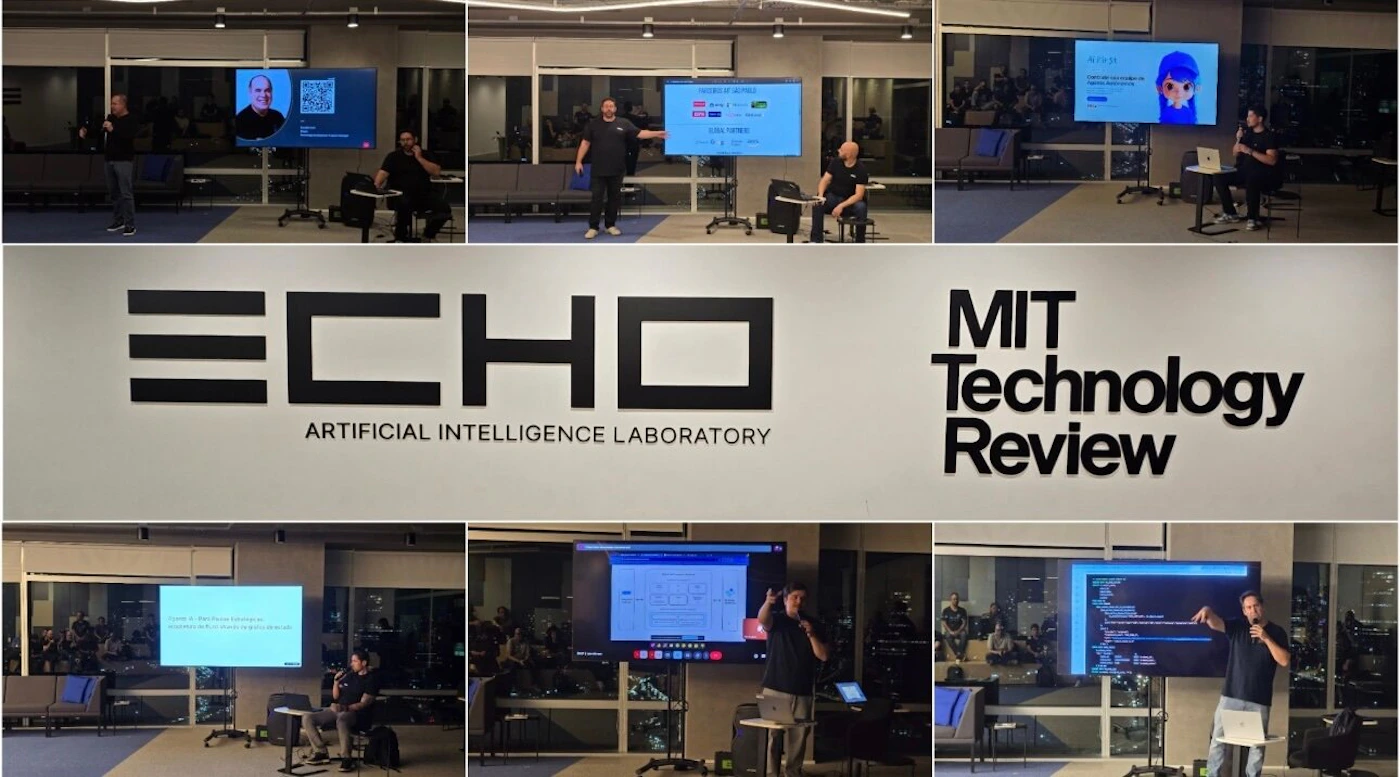 (Photo) A grid collage featuring six photographs documenting a technology presentation event taking place indoors at night, interspersed with large wall signage for "ECHO ARTIFICIAL INTELLIGENCE LABORATORY" and "MIT Technology Review." Text: ECHO ARTIFICIAL INTELLIGENCE LABORATORY MIT Technology Review CHALLENGES OF OUTREACH COVID-19: What Have We Learned on [unreadable] and [unreadable] in the last 2 years of the pandemic. Event documentation, technical presentations, corporate signage. | Indoor (office/conference room) at night. | Multiple presenters, large screens displaying slides/code, prominent institutional signage. | Candid/Event documentation, collage format. | Colors: #000000, #F5F5F5, #334455 Note: The image is a composite of multiple photographs documenting a real-world event, specifically a series of indoor presentations and featuring physical signage, classifying it as a photo collage.