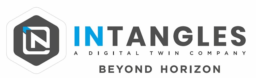 (Logo) The image displays a corporate logo featuring a stylized hexagonal graphic element on the left, alongside the company name 'INTANGLES' and its taglines on the right, all set against a clean white background. Text: INTANGLES A DIGITAL TWIN COMPANY BEYOND HORIZON Colors: #FFFFFF, #4A4A4A, #007BFF, #E0E0E0 Note: This image is clearly designed for brand identification, combining a unique graphic symbol with the company's name and slogan. It serves as a visual representation of a business or organization.