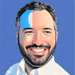 (Illustration) An illustration of a smiling man with curly hair and a beard against a blue background.  He has a splash of light blue paint on his forehead. portrait | Colors: #4169e1, #f0d5ba, #000000 Note: The image is an artistic rendering of a person, not a photograph, and clearly exhibits a stylized approach.