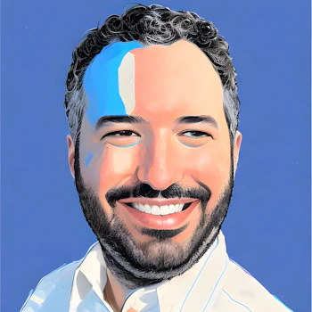 (Illustration) An illustration of a smiling man with curly hair and a beard against a blue background.  He has a splash of light blue paint on his forehead. portrait | Colors: #4169e1, #f0d5ba, #000000 Note: The image is an artistic rendering of a person, not a photograph, and clearly exhibits a stylized approach.