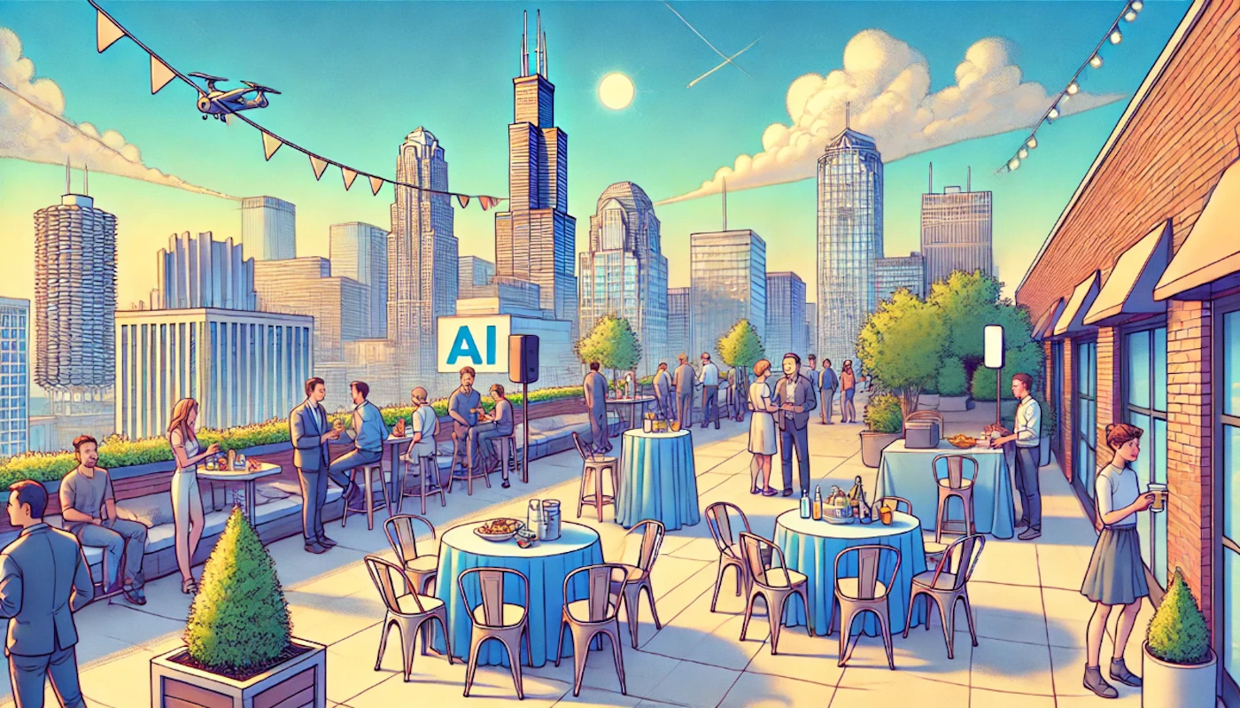 (Illustration) An illustration of people socializing on a rooftop patio overlooking a cityscape, possibly Chicago, with a sign displaying "AI". Text: AI 2D Note: The image is a drawing and not a photograph, depicting a scene in a stylized, non-realistic manner.  It appears to be promoting an event related to Artificial Intelligence.