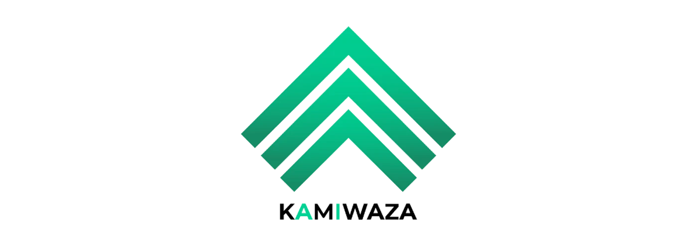 (Logo) The image displays a modern logo featuring three upward-pointing chevrons or arrows in a teal-to-green gradient, positioned above the brand name 'KAMIWAZA'. The logo is set against a solid black background. Text: KAMIWAZA Colors: #008080, #00C080, #000000 Note: The image consists of a stylized graphic symbol combined with a brand name, which is characteristic of a logo designed to represent an entity or product.