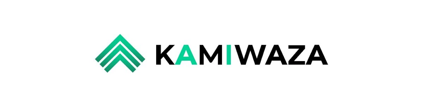 (Logo) The image displays a modern logo featuring a green geometric symbol to the left of the brand name 'KAMIWAZA'. The text is primarily black, with the 'MI' portion highlighted in the same green as the symbol. Text: KAMIWAZA Colors: #000000, #00B075, #FFFFFF Note: The image consists of a stylized graphic element combined with a brand name, designed to represent a company or product, which is characteristic of a logo.