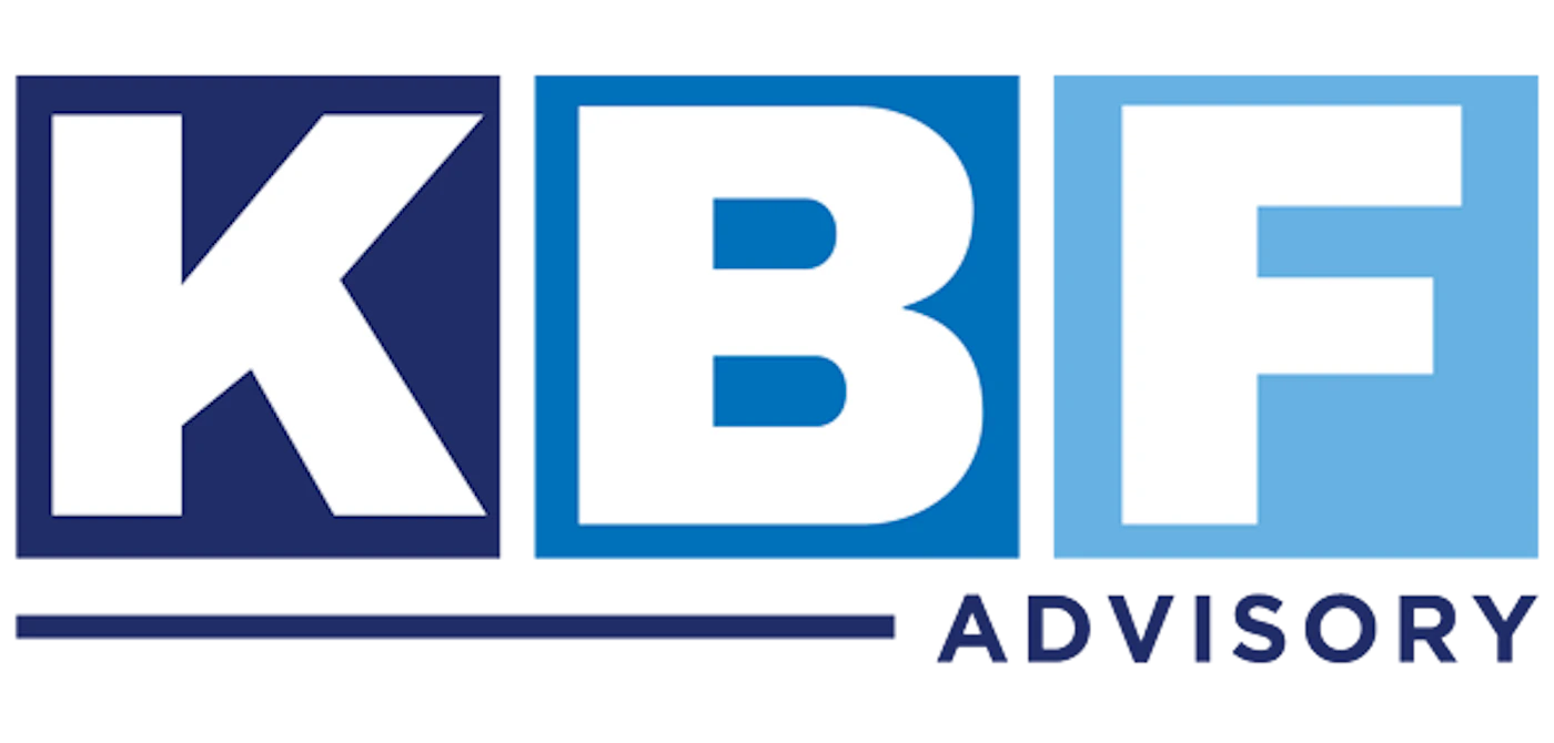 (Logo) A corporate logo for 'KBF ADVISORY' featuring three colored squares with white block letters 'K', 'B', and 'F' inside them, positioned above a horizontal line and the word 'ADVISORY'. Text: KBF ADVISORY Colors: #202E6B, #0071BC, #75B5E7, #FFFFFF, #000000 Note: The image is a graphic representation of a brand identity, consisting of stylized text and geometric shapes designed for professional recognition.